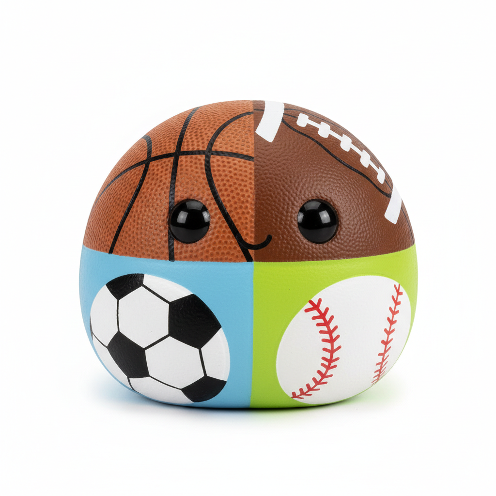 All sports squishy toy in blue and green with basketball football soccer baseball